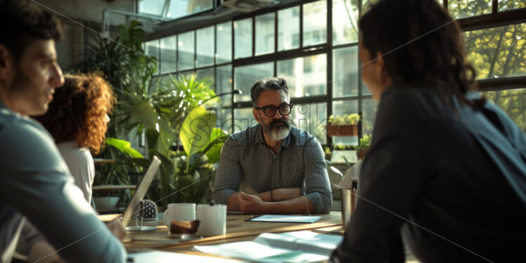 A manager leading a brief morning huddle - Starpik Stock