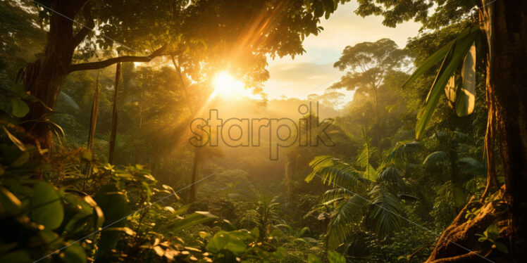 A mesmerizing sunrise breaking through the jungle canopy, casting a warm glow on the verdant landscape - Starpik Stock