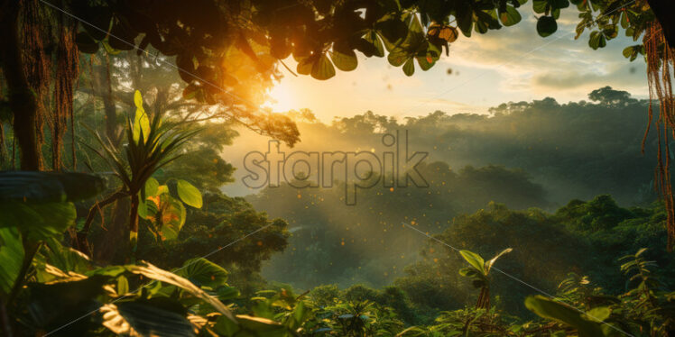 A mesmerizing sunrise breaking through the jungle canopy, casting a warm glow on the verdant landscape - Starpik Stock