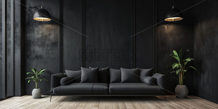 A minimalist black interior with a black sofa - Starpik Stock