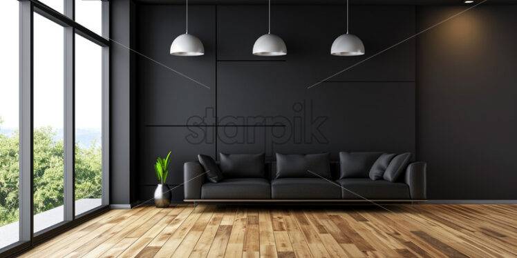 A minimalist black interior with a black sofa - Starpik Stock