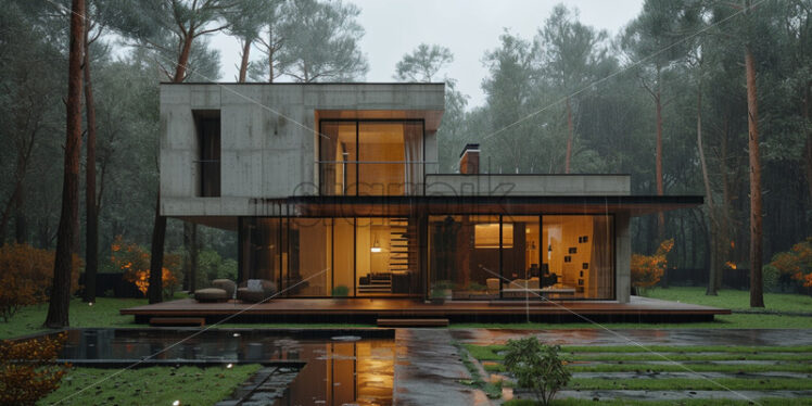 A modern house with concrete as material, rainy weather - Starpik Stock