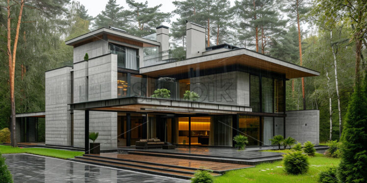 A modern house with concrete as material, rainy weather - Starpik Stock