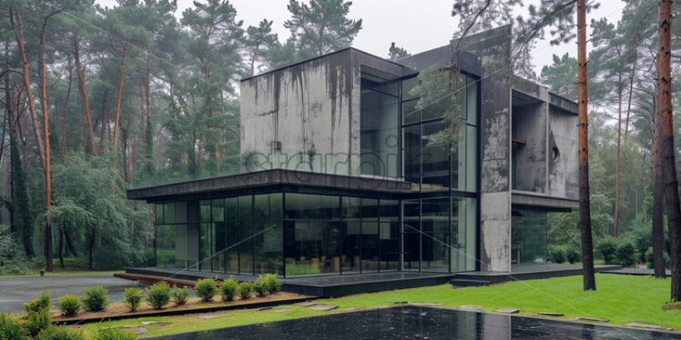 A modern house with concrete as material, rainy weather - Starpik Stock