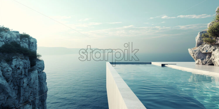 A modern infinity pool perched on the edge of a cliff, overlooking a breathtaking landscape - Starpik Stock