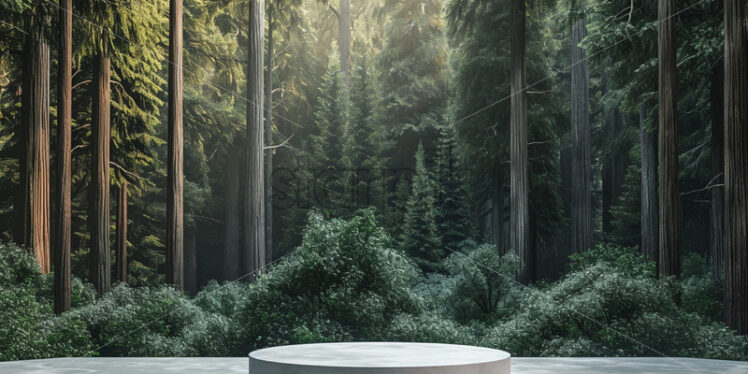 A modern podium for product design against the backdrop of a sequoia forest - Starpik Stock