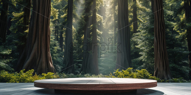 A modern podium for product design against the backdrop of a sequoia forest - Starpik Stock