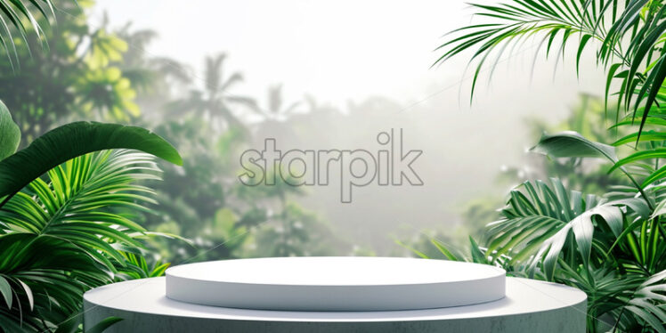 A modern podium for product design against the backdrop of a tropical forest - Starpik Stock