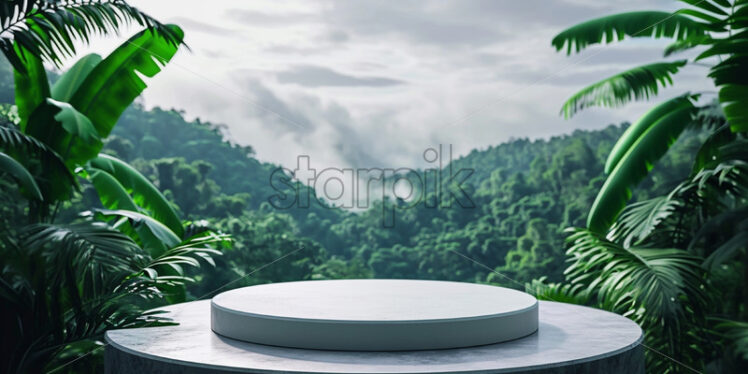 A modern podium for product design against the backdrop of a tropical forest - Starpik Stock