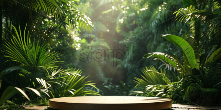 A modern podium for product design against the backdrop of a tropical forest - Starpik Stock