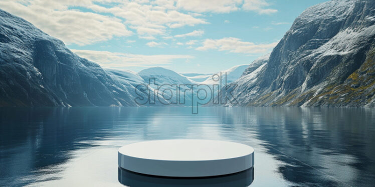 A modern podium for product design against the backdrop of beautiful fjords - Starpik Stock