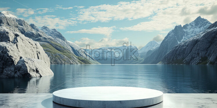 A modern podium for product design against the backdrop of beautiful fjords - Starpik Stock