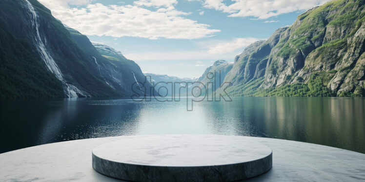 A modern podium for product design against the backdrop of beautiful fjords - Starpik Stock