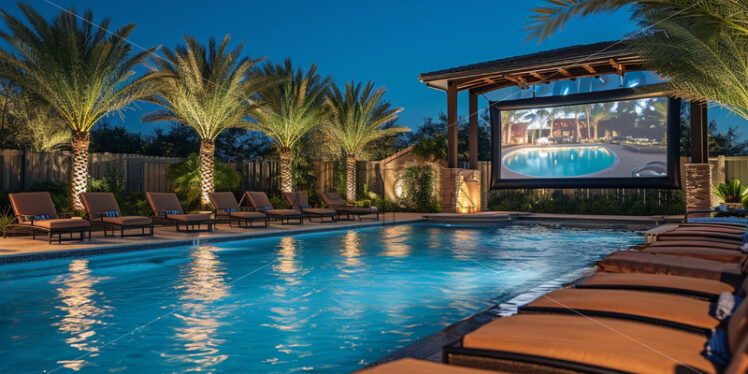 A movie night by the pool for the whole family, complete with a large screen, comfy seating, and a selection of favorite films - Starpik Stock