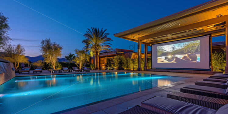 A movie night by the pool for the whole family, complete with a large screen, comfy seating, and a selection of favorite films - Starpik Stock