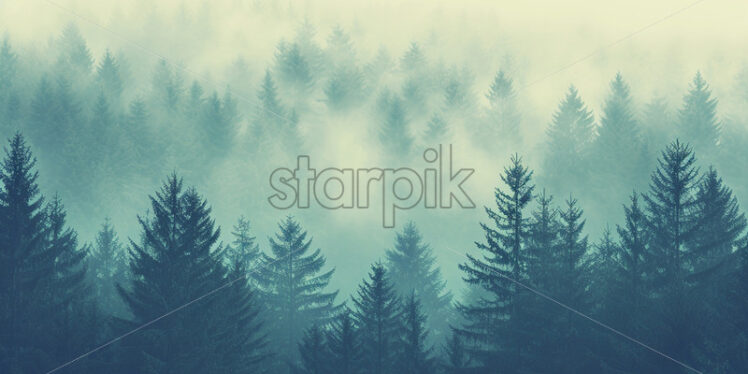 A mysterious forest of fir trees in the fog - Starpik Stock