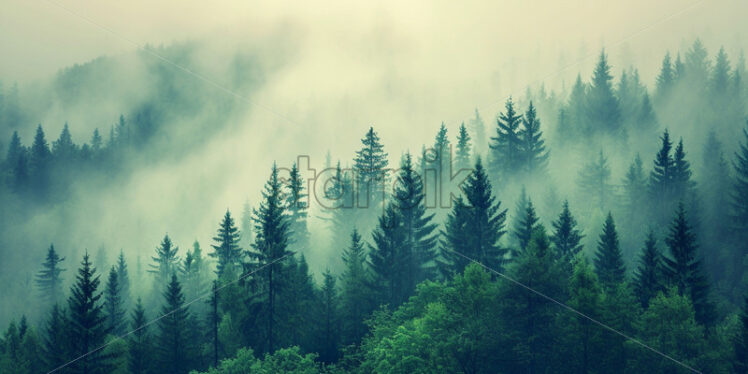 A mysterious forest of fir trees in the fog - Starpik Stock