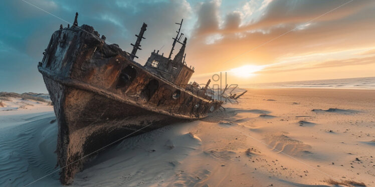 A mysterious shipwreck partially buried in the sand, telling tales of the past - Starpik Stock