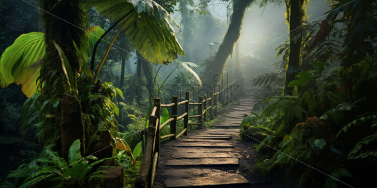 A narrow, winding path through the jungle, shrouded in mist, with the promise of undiscovered wonders ahead - Starpik Stock