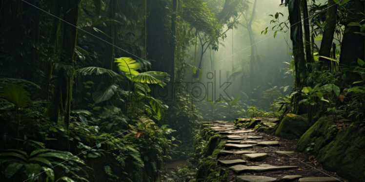 A narrow, winding path through the jungle, shrouded in mist, with the promise of undiscovered wonders ahead - Starpik Stock