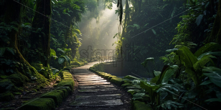 A narrow, winding path through the jungle, shrouded in mist, with the promise of undiscovered wonders ahead - Starpik Stock