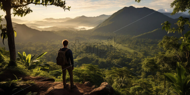 A natural clearing in the jungle revealing a breathtaking panoramic view of distant mountain ranges - Starpik Stock