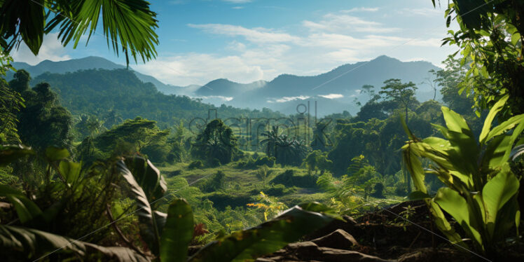 A natural clearing in the jungle revealing a breathtaking panoramic view of distant mountain ranges - Starpik Stock