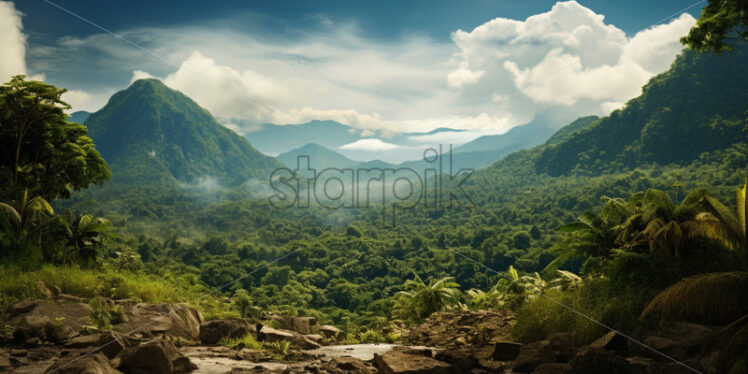 A natural clearing in the jungle revealing a breathtaking panoramic view of distant mountain ranges - Starpik Stock