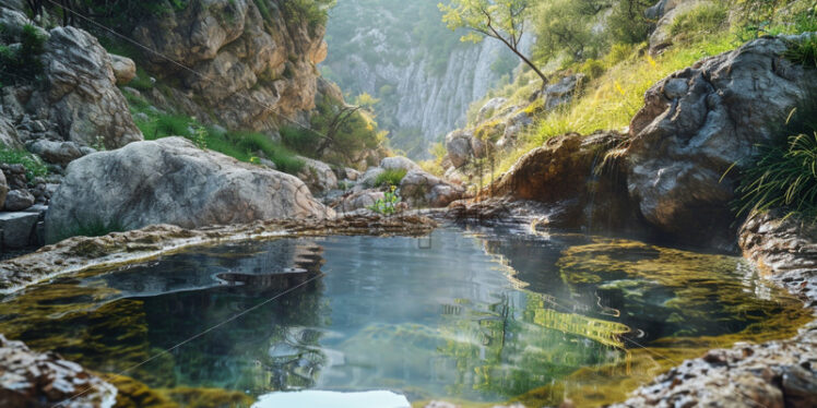  A natural hot spring pool in a scenic mountainous environment, embraced by rocks and vegetation - Starpik Stock