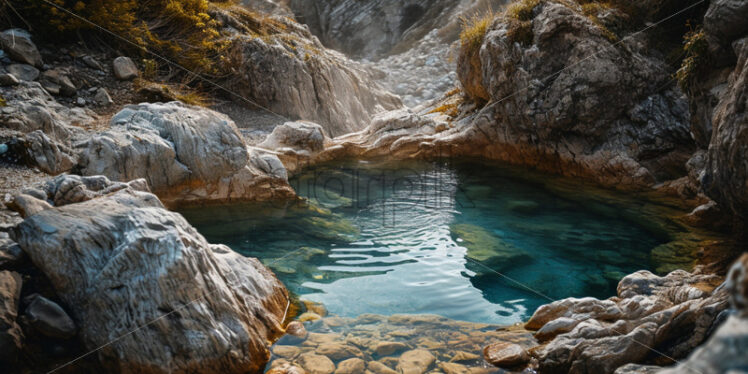  A natural hot spring pool in a scenic mountainous environment, embraced by rocks and vegetation - Starpik Stock