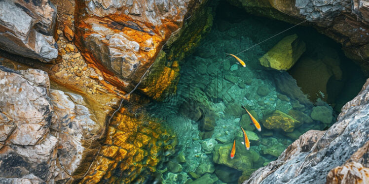 A natural rock pool with small, colorful fish darting between the rocks - Starpik Stock