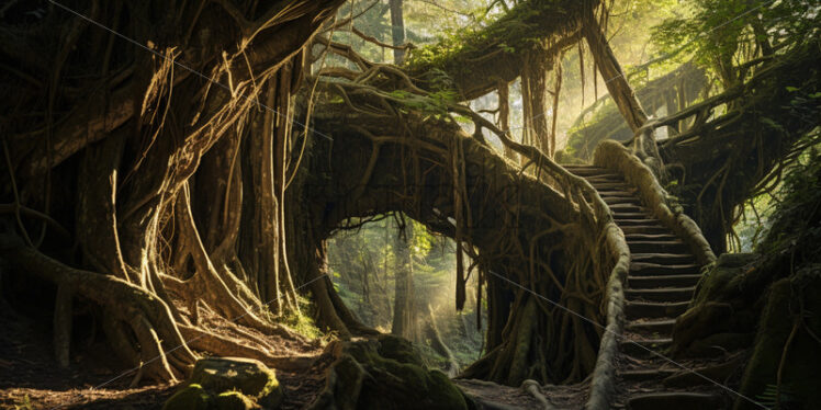 A network of ancient vines forming natural bridges between towering trees - Starpik Stock