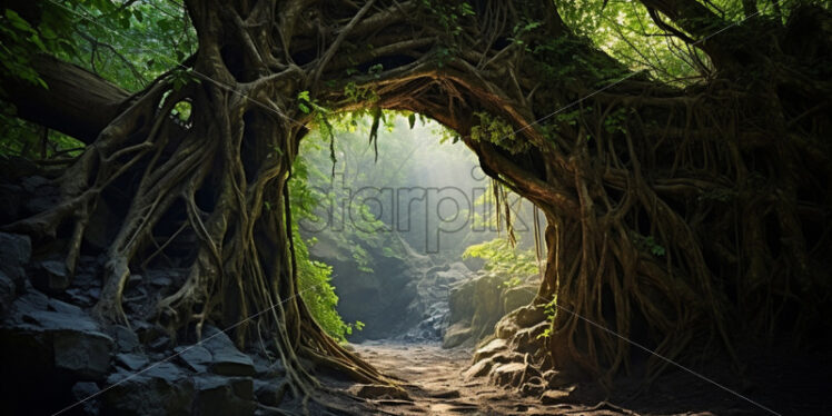 A network of ancient vines forming natural bridges between towering trees - Starpik Stock