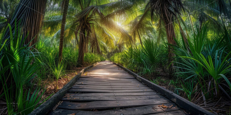 A network of charming wooden boardwalks winding through the palm groves - Starpik Stock