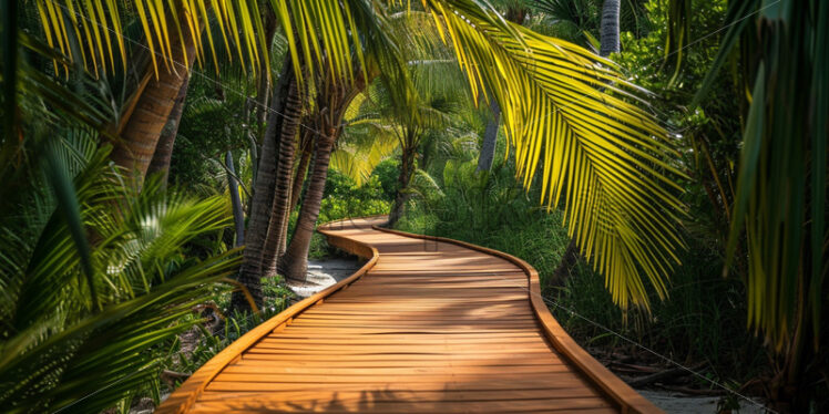 A network of charming wooden boardwalks winding through the palm groves - Starpik Stock