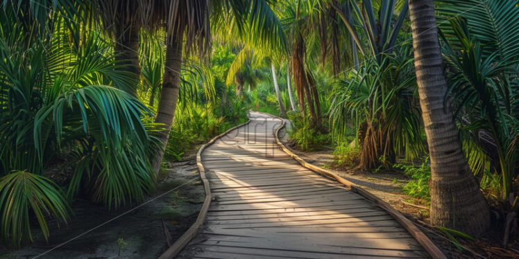 A network of charming wooden boardwalks winding through the palm groves - Starpik Stock