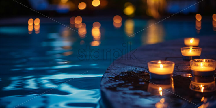 A nighttime pool soiree with illuminated floating candles, creating a magical atmosphere - Starpik Stock