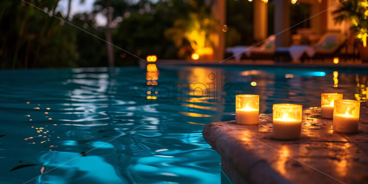 A nighttime pool soiree with illuminated floating candles, creating a magical atmosphere - Starpik Stock