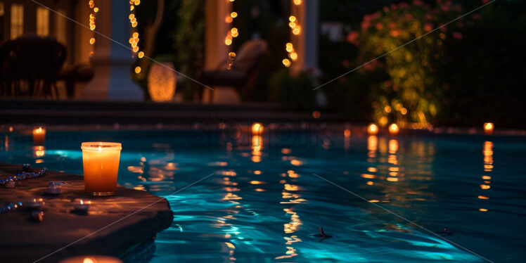 A nighttime pool soiree with illuminated floating candles, creating a magical atmosphere - Starpik Stock