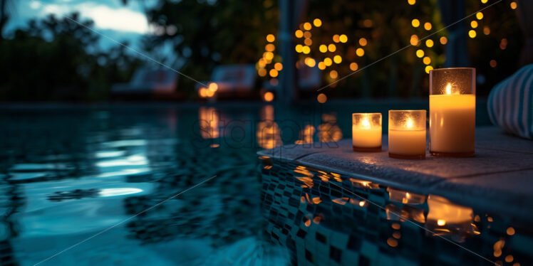 A nighttime pool soiree with illuminated floating candles, creating a magical atmosphere - Starpik Stock