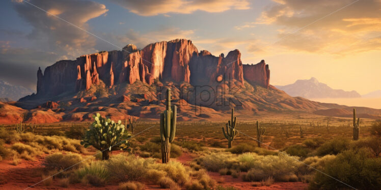  A panoramic shot of the Superstition Mountains bathed in the warm glow of sunrise - Starpik Stock