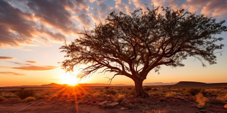 A panoramic view of a Mesquite tree silhouetted against the setting sun - Starpik Stock