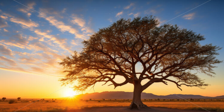 A panoramic view of a Mesquite tree silhouetted against the setting sun - Starpik Stock