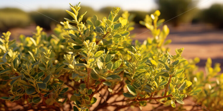 A patch of Creosote bush, with its aromatic leaves, thriving in the desert heat - Starpik Stock