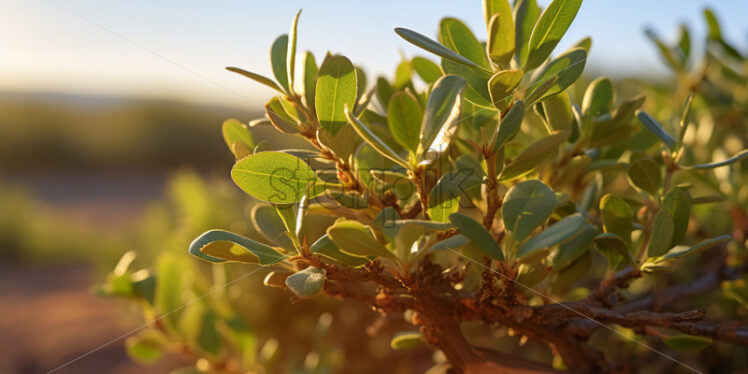 A patch of Creosote bush, with its aromatic leaves, thriving in the desert heat - Starpik Stock