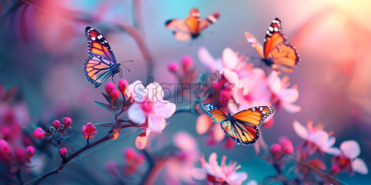 A patchwork of colorful butterflies dancing among the blossoms - Starpik Stock