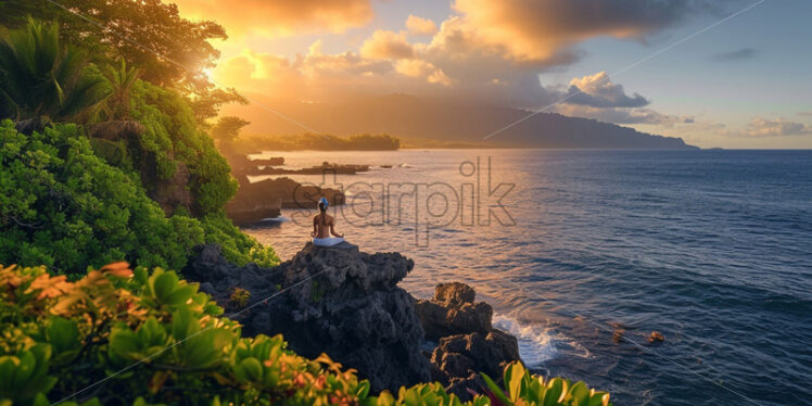 A peaceful yoga retreat overlooking the serene ocean expanse - Starpik Stock