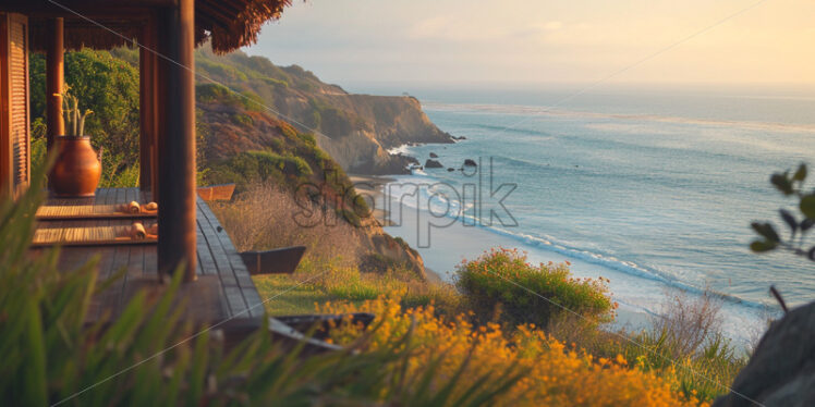 A peaceful yoga retreat overlooking the serene ocean expanse - Starpik Stock