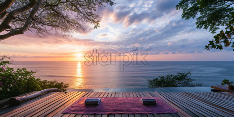 A peaceful yoga retreat overlooking the serene ocean expanse - Starpik Stock