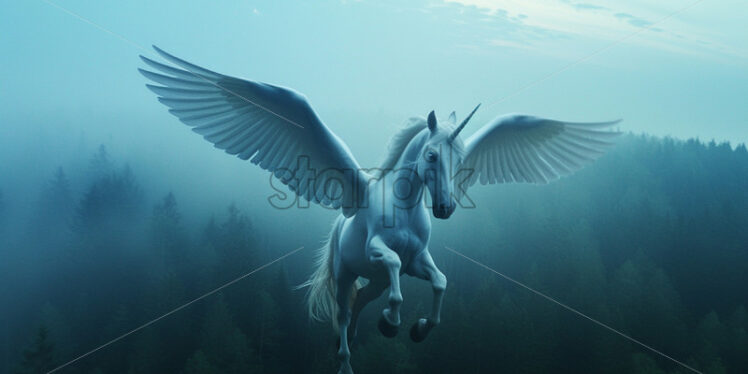 A pegasus flying over a forest - Starpik Stock